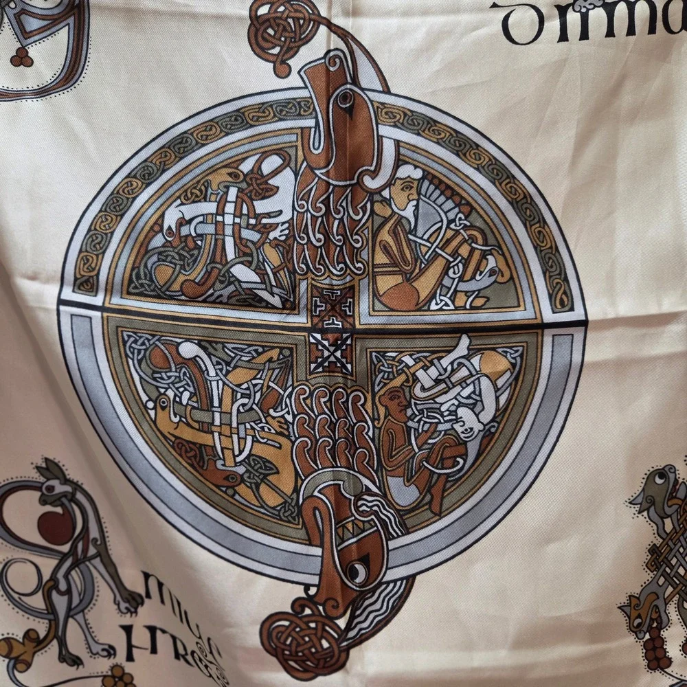 The Book of Kells Inspired Celtic Knotwork Square Scarf Cream Grey Gold Scarf
